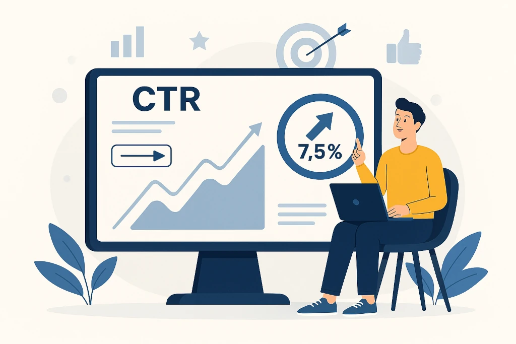 Какво е CTR (Click-Through Rate) - илюстрация на мъж, който гледа нарастваща графика и показател за кликвания