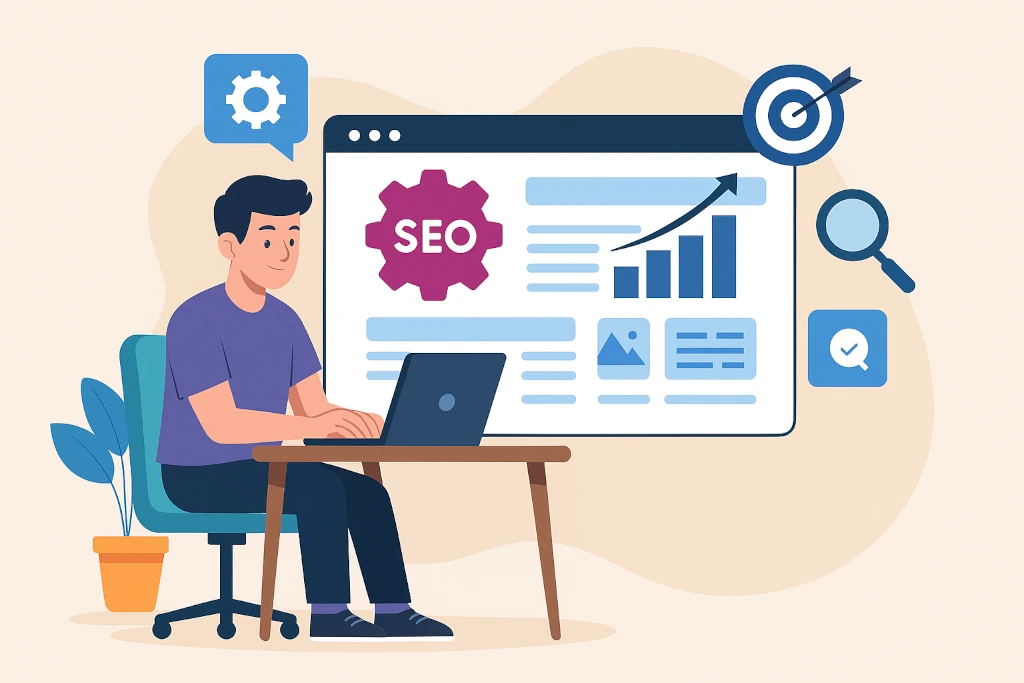 5 безплатни WordPress плъгина за по-добро SEO – илюстрация на човек, който работи върху оптимизация на уеб сайт