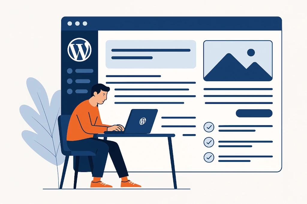 5 важни настройки след инсталация на WordPress – илюстрация на човек, който работи върху уебсайт в WordPress администраторски панел