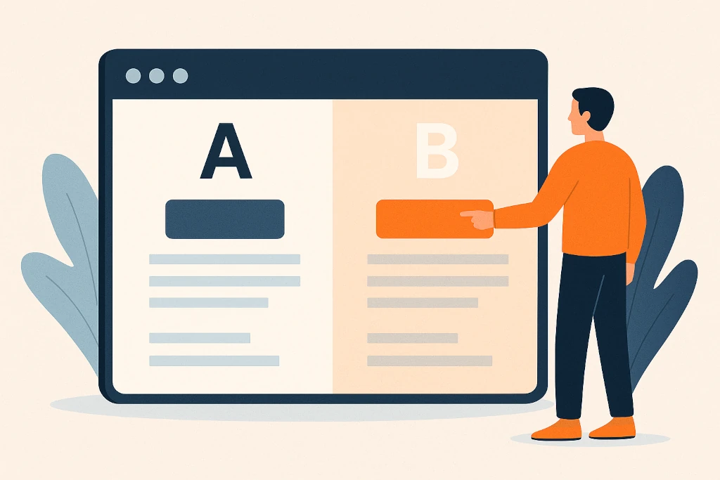 A/B тестове – илюстрация на мъж, който сравнява две версии на уеб страница, за да избере по-ефективната