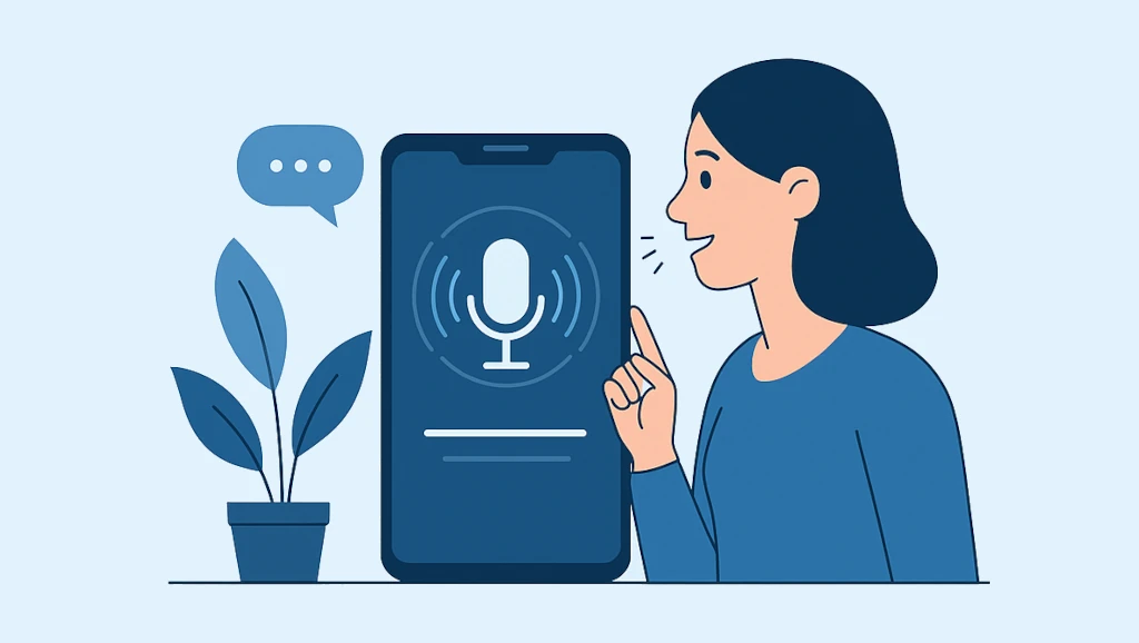 Гласово търсене и управление с глас – илюстрация на жена, която говори към смартфон с Voice UX интерфейс