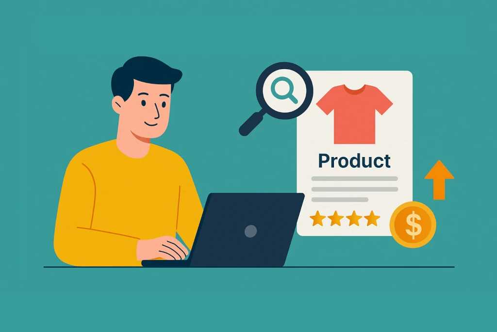 Имена и описания на продукти – илюстрация на мъж, който оптимизира продуктови страници за SEO и повече продажби