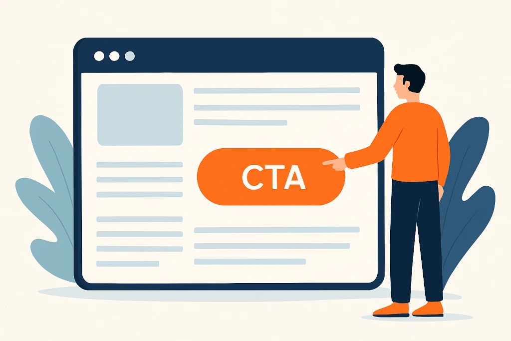 Какво е Call-to-action бутон (CTA)– илюстрация на мъж, който натиска бутон на уеб страница