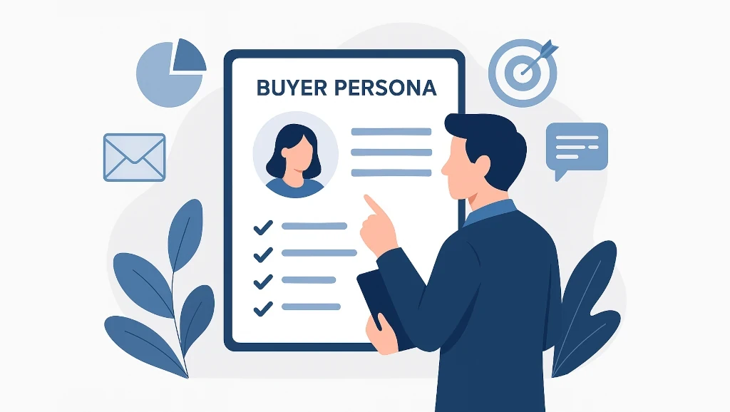 Какво е buyer persona – илюстрация на човек, който анализира потребителски профил за UX дизайн