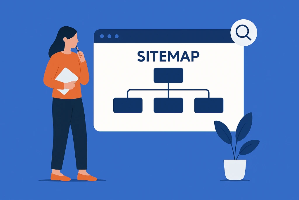 Какво е карта на сайта (Sitemap) – илюстрация на жена, която разглежда диаграма на структурата на уебсайт