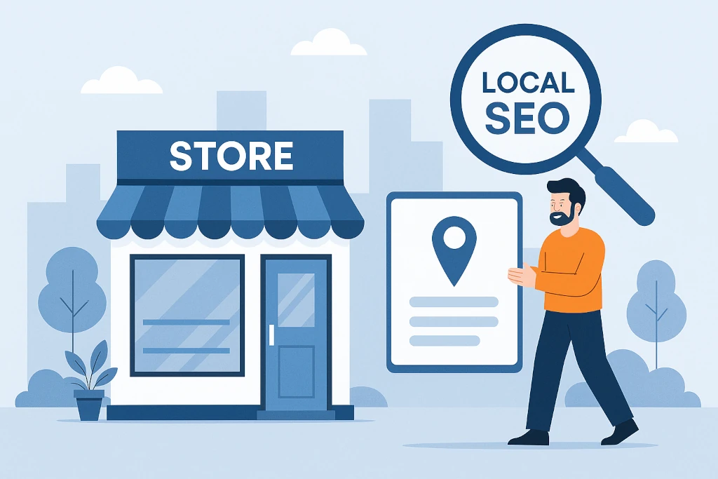 Какво е локално SEO – илюстрация на малък магазин с карта и икона за местоположение