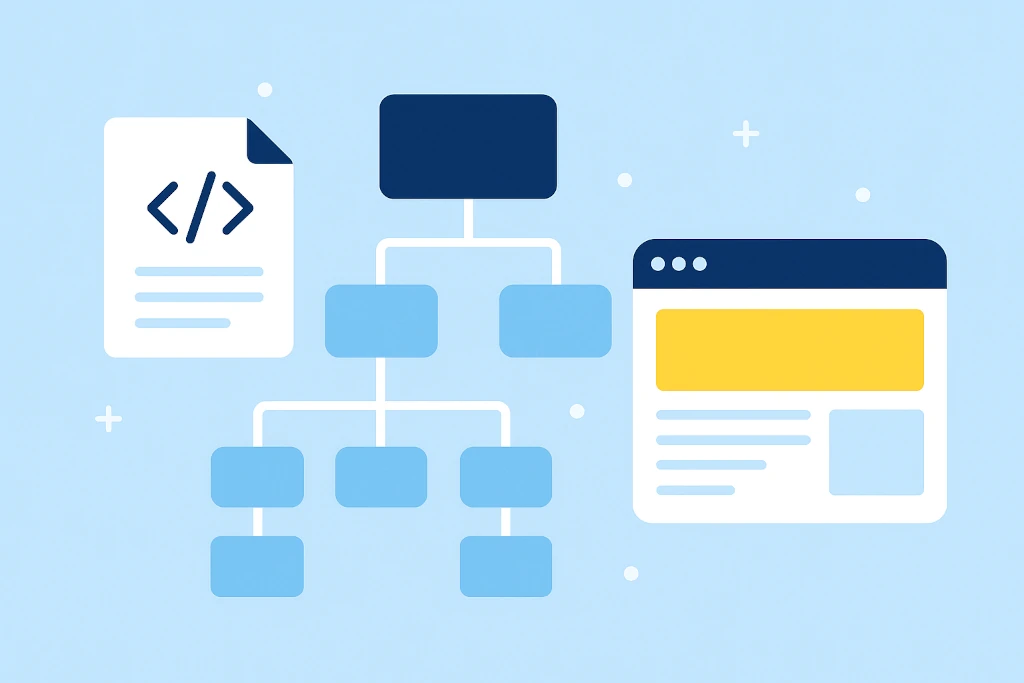 Какво са структурирани данни – илюстрация на йерархична схема и уеб страница