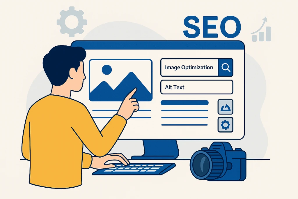 Оптимизация на изображения за уеб сайт – илюстрация на човек, който работи върху SEO настройки и alt текст