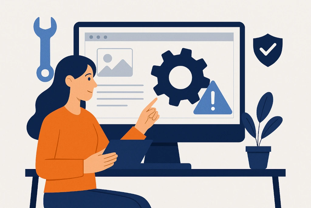 Поддръжка на сайт – илюстрация на жена, която работи върху техническата поддръжка и сигурността на уеб сайт
