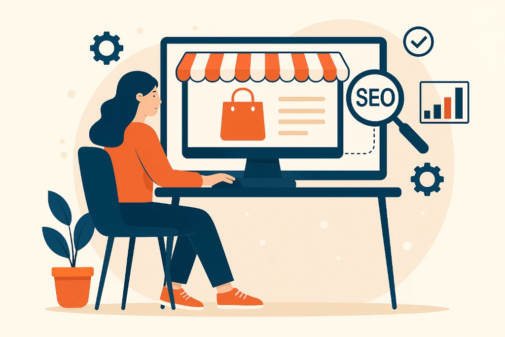 SEO оптимизация на онлайн магазин – илюстрация на жена, която работи върху SEO стратегия за е-магазин