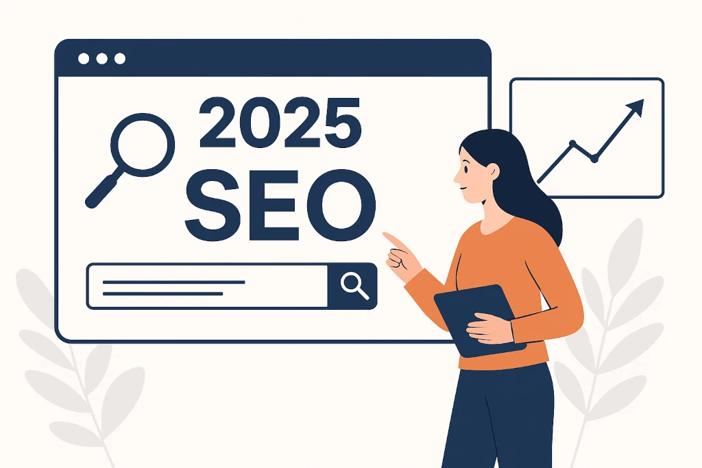 SEO оптимизация на сайт през 2025 – илюстрация на жена, която анализира SEO тенденции и растящи графики