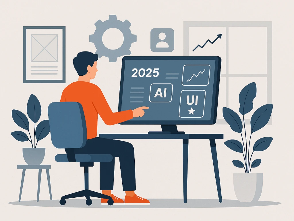 UX тенденции за 2025 – илюстрация на дизайнер, който анализира потребителски интерфейси и AI технологии