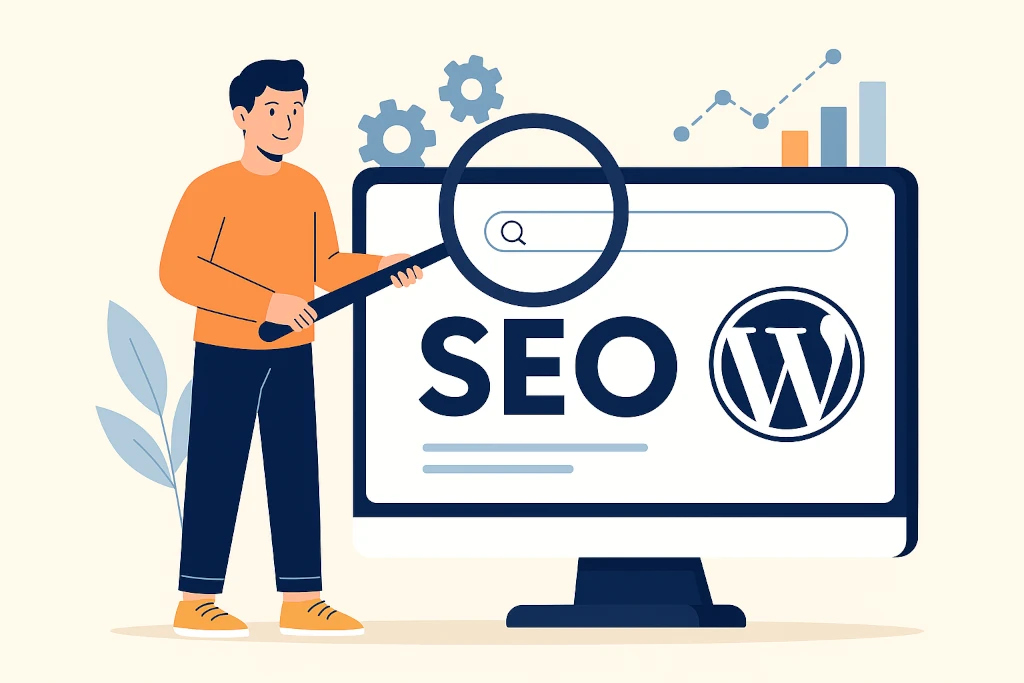 WordPress и SEO – илюстрация на мъж, който държи лупа пред екран с надпис SEO и WordPress лого