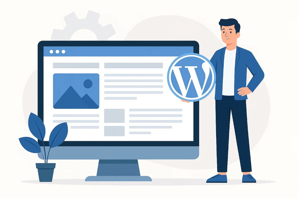 Защо WordPress сайт – илюстрация на мъж, който държи WordPress лого до голям екран с уеб сайт дизайн