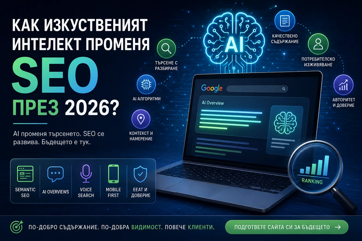 Как изкуственият интелект променя SEO през 2026 – AI SEO, Google AI Overviews, semantic SEO и модерна SEO оптимизация.