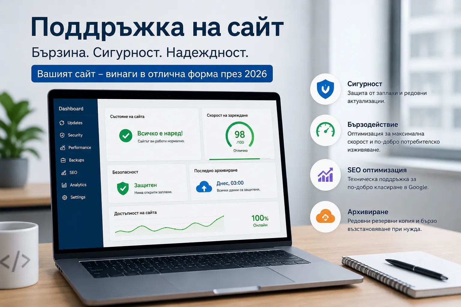 Професионална поддръжка на сайт през 2026 – сигурност, SEO оптимизация, бързодействие и архивиране на WordPress сайт.