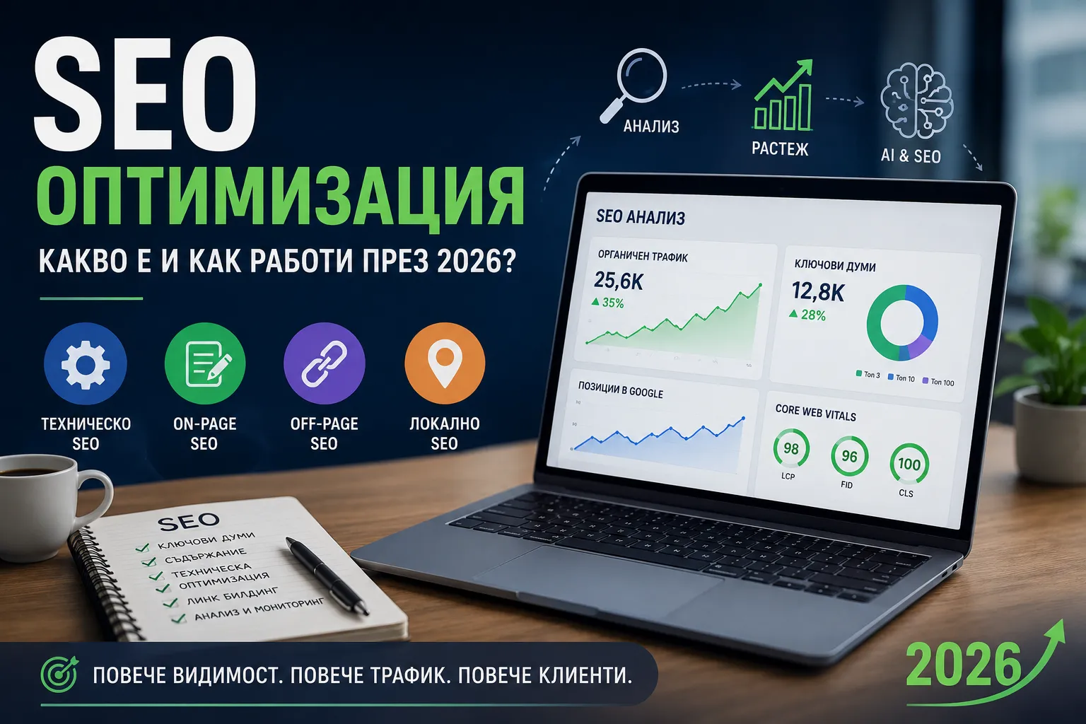 SEO оптимизация през 2026 – техническо SEO, on-page и off-page SEO, AI SEO и анализ на Google класиране.