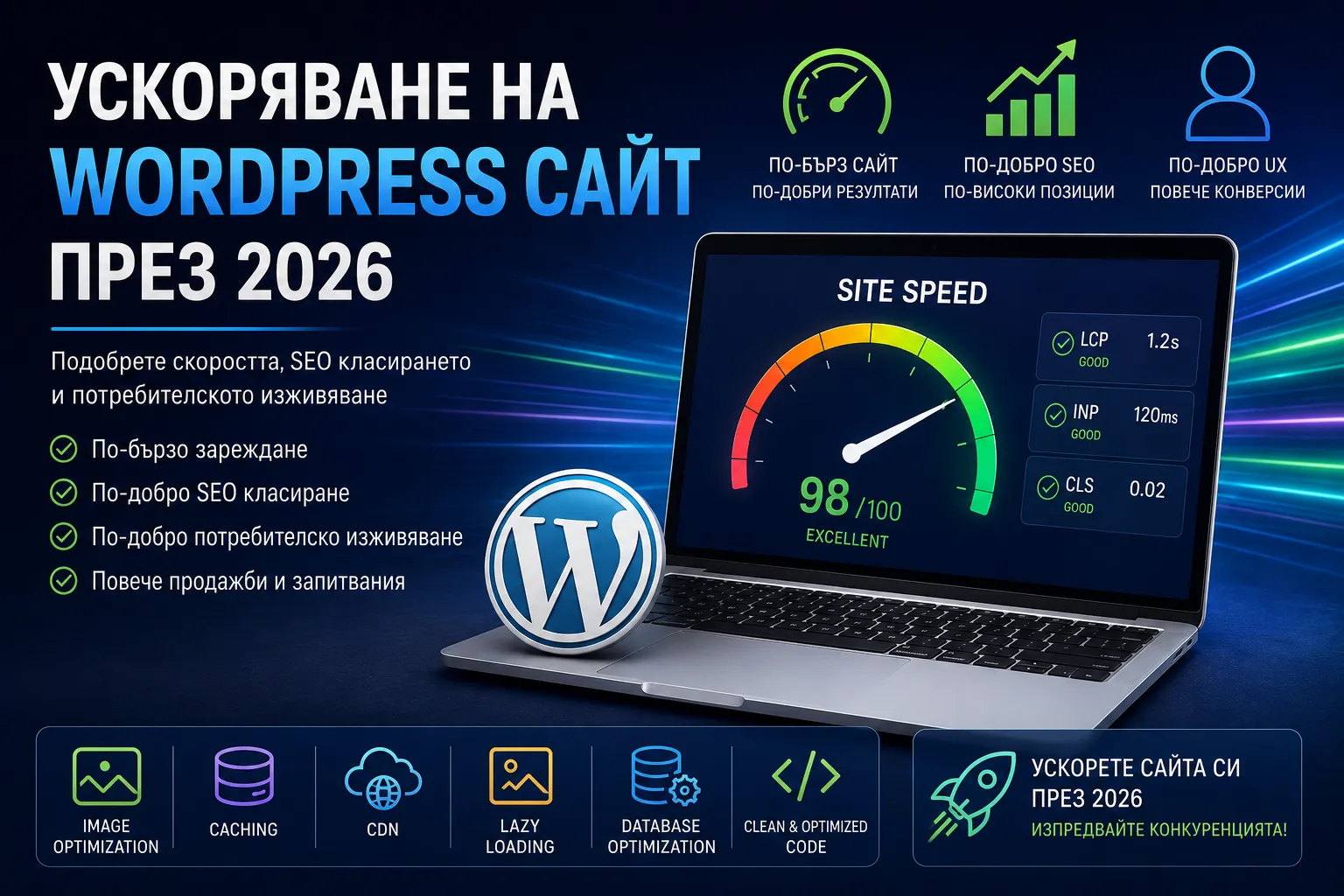 Ускоряване на WordPress сайт през 2026 – speed optimization, Core Web Vitals, caching, CDN и SEO оптимизация за по-бърз сайт.